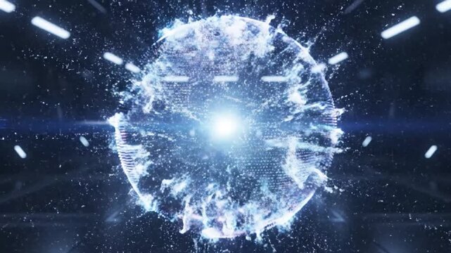 A futuristic digital particle globe of Earth exploding and reforming