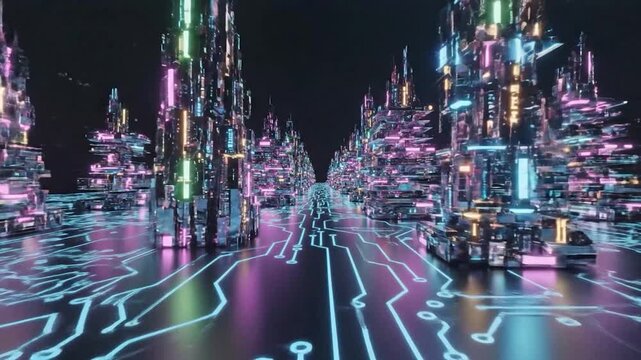 Flying through a futuristic verse city with glowing circuits.