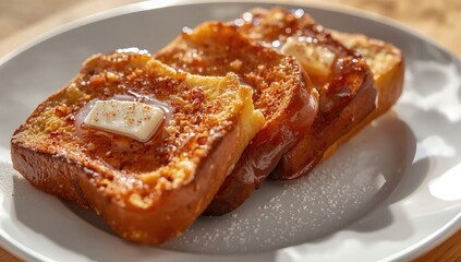 Deliciously golden brown French toast slices with melting butter and syrup on a white plate, creating a warm breakfast vibe