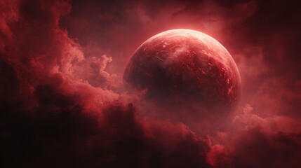 cinematic background of a red cosmic scene, featuring a large red planet seen close-up with glowing surface texture, surrounded by deep red nebula clouds
