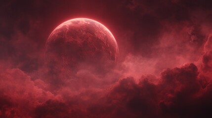 cinematic background of a red cosmic scene, featuring a large red planet seen close-up with glowing surface texture, surrounded by deep red nebula clouds
