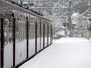 雪が積もった駅に停車する電車