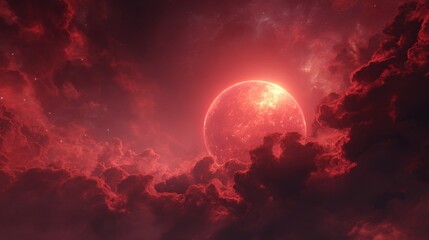 cinematic background of a red cosmic scene, featuring a large red planet seen close-up with glowing surface texture, surrounded by deep red nebula clouds
