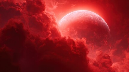 cinematic background of a red cosmic scene, featuring a large red planet seen close-up with glowing surface texture, surrounded by deep red nebula clouds
