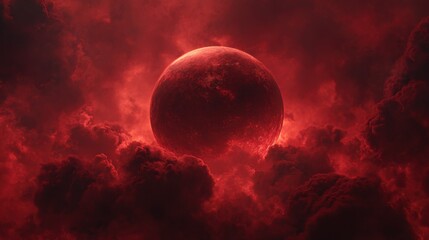 cinematic background of a red cosmic scene, featuring a large red planet seen close-up with glowing surface texture, surrounded by deep red nebula clouds
