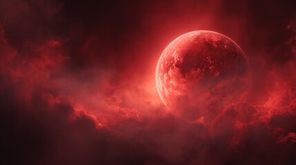 cinematic background of a red cosmic scene, featuring a large red planet seen close-up with glowing surface texture, surrounded by deep red nebula clouds
