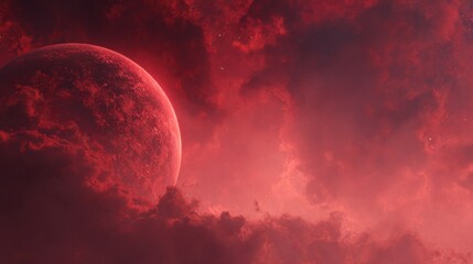 cinematic background of a red cosmic scene, featuring a large red planet seen close-up with glowing surface texture, surrounded by deep red nebula clouds
