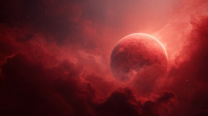 cinematic background of a red cosmic scene, featuring a large red planet seen close-up with glowing surface texture, surrounded by deep red nebula clouds
