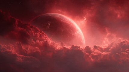 cinematic background of a red cosmic scene, featuring a large red planet seen close-up with glowing surface texture, surrounded by deep red nebula clouds
