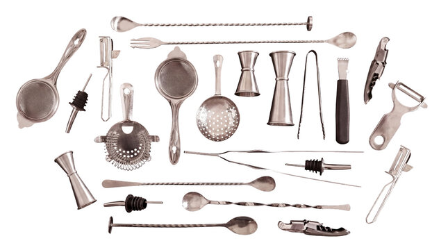 professional cocktail bar tools set - stainless steel bartending kit for mixology enthusiasts, featuring strainers, jiggers, and tongs, perfect for home or commercial use.