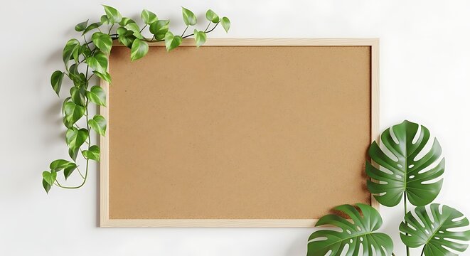 Brown bulletin board with lush green plants on a white wall