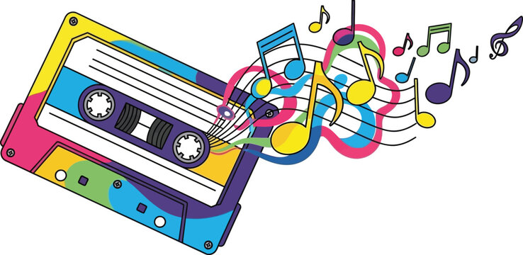 Retro cassette tape with colorful musical notes illustration of eighties pop culture music background vintage nostalgia