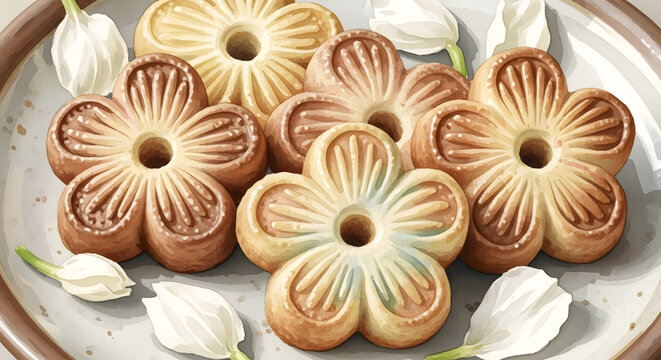 Close up watercolor of Kleeb Lamduan flower cookies and jasmine