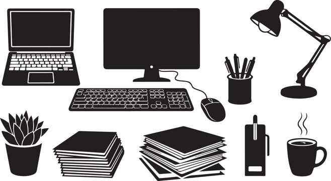 Office workspace setup with computer and accessories illustration