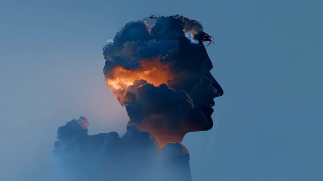 Woman head silhouette with sun and cloud double exposure, psychology and mental health weather dependent concept, surreal mood illustration
