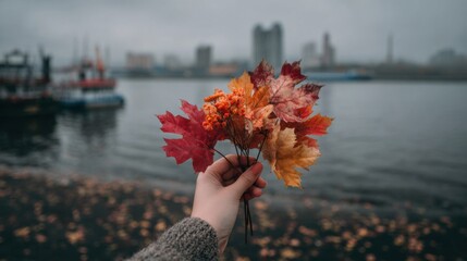 A beautiful woman's slender hand holds a bouquet of colorful maple leaves, with autumn in Moscow as background
