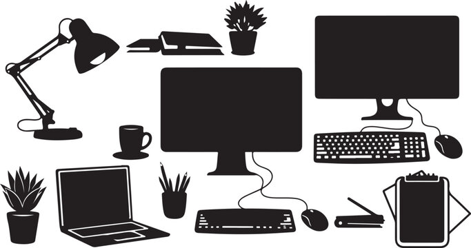 Computer office equipment and accessories in black and white