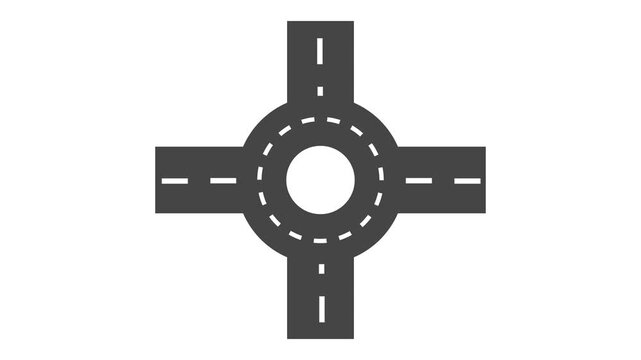 A top-down view of a modern roundabout shows four entry points connecting to a central traffic circle