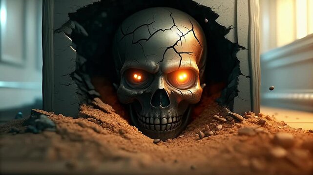 Zombie with sharp teeth and glowing eyes at night concept. Creepy cracked skull glowing eyes emerging from dark hole with dirt and rubble in eerie light