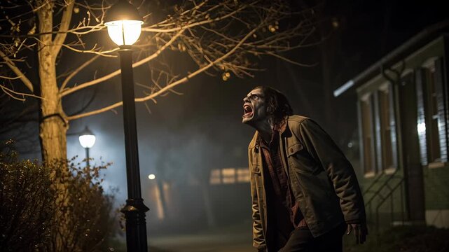 Zombie with sharp teeth and glowing eyes at night concept. Scary man in makeup yelling on dark street under glowing lamp post with eerie nighttime atmosphere
