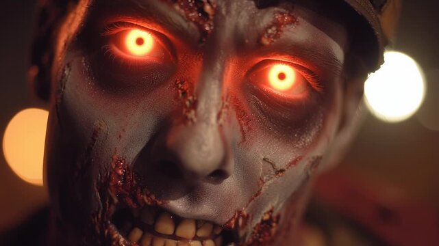 Zombie with sharp teeth and glowing eyes at night concept. Close up of terrifying zombie face with glowing red eyes and decayed skin in dark horror scene
