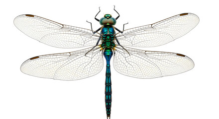 Stunning blue and green dragonfly specimen with intricate transparent wings, a detailed entomological illustration isolated on a white background