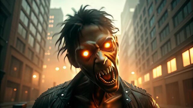 Zombie with sharp teeth and glowing eyes at night concept. Fierce glowing-eyed zombie in dark leather jacket screaming in urban city street at dusk