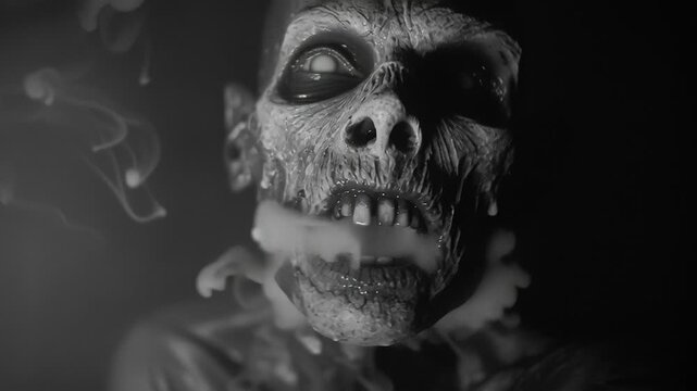 Zombie with sharp teeth and glowing eyes at night concept. Scary zombie monster close up with glowing eyes and decayed skin in dark horror atmosphere