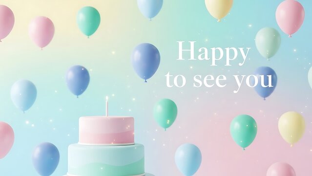 Pastel birthday cake with colorful balloons and happy celebration message