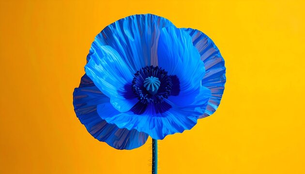 A single blue poppy with delicate petals against an orange backdrop