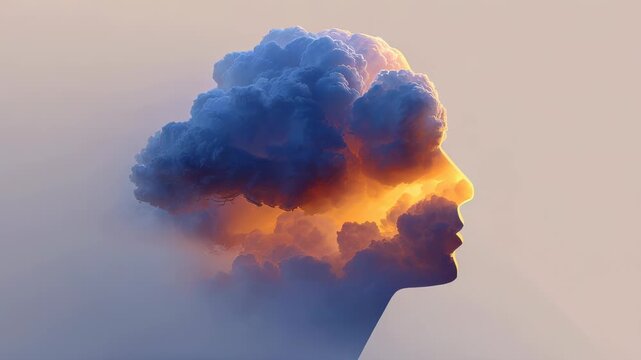 Woman head silhouette with sun and cloud double exposure, psychology and mental health weather dependent concept, surreal mood illustration
