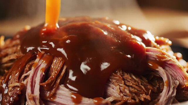 Delicious pulled pork covered in rich barbecue sauce, close-up shot
