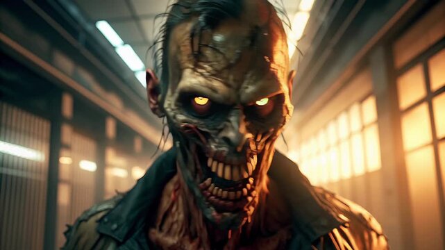 Zombie with sharp teeth and glowing eyes at night concept. Terrifying zombie with glowing eyes and decayed skin in a dimly lit corridor for horror and Halloween themes