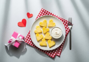 Heart shaped pancakes on a plate with a side of syrup on a red and white checkered napkin on a table with a gift and hearts