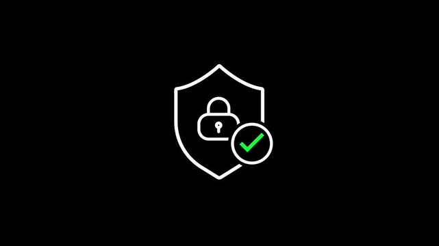 Black outline icon of a shield containing a padlock, with a checkmark circle beside it, signifying secure and verified protection