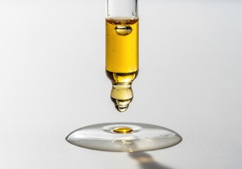 A dropper dropping a golden liquid into a clear puddle on a light gray surface with a subtle shadow