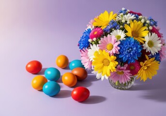 Colorful bouquet of flowers in a vase with candy on purple background