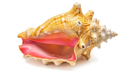 Obraz premium Beautiful large pink conch shell on a white background, highlighting its intricate details and smooth interior.