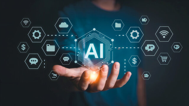 Person holding glowing ai symbol with various technology icons floating around on dark background