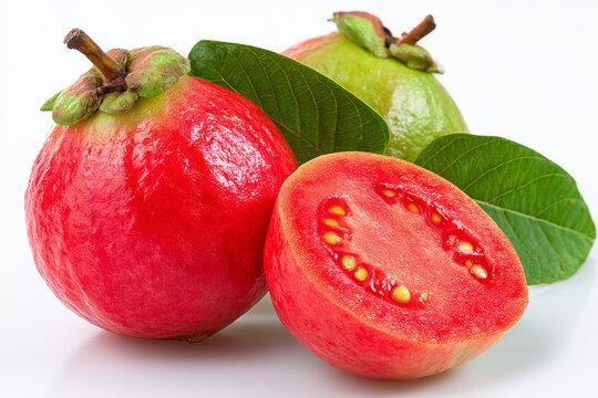 Fresh guava fruit red guava ripe guava half guava guava leaf tropical fruit snack juicy flesh organic produce freshness