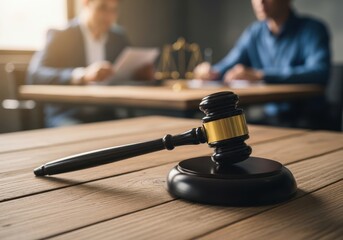A gavel rests on a wooden desk in a courtroom setting with blurred figures of people in the background