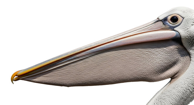 Close-up profile of a Dalmatian pelican's head showing its large beak and gular pouch, isolated on a white background