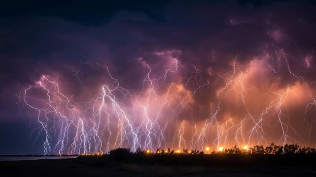 Intense thunderstorm effects with bright lightning concept. Dramatic lightning storm with multiple lightning bolts over dark landscape and glowing sky at night