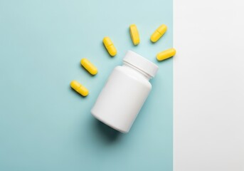 White plastic bottle with yellow pills on blue and white background for health and medicine concept