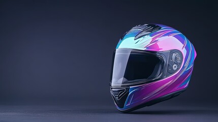 Fototapeta premium A shiny motorcycle helmet with vibrant highlights, dark backdrop, ample copy space on the left, advertising background