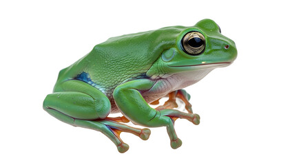 Obraz premium A vibrant green tree frog with large glossy eyes sitting peacefully, isolated on a clean white background in a studio setting