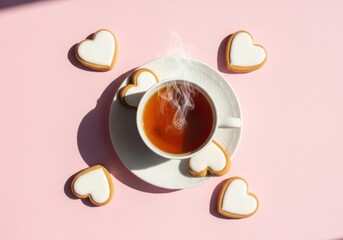 A cup of steaming hot tea on a saucer surrounded by heart shaped cookies on a pink background