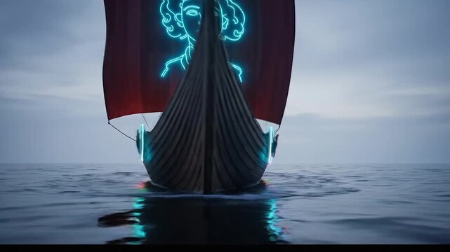 Viking Longship with Neon Lights and Google Doodle on Sail.