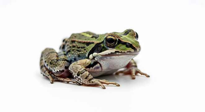 Detailed portrait of a vibrant green marsh frog with distinct patterns, isolated on a clean white studio background representing wildlife