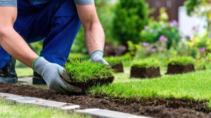 A gardener kneels on a lush lawn, wearing gloves and a blue shirt, placing fresh turf along a straight edge!!!